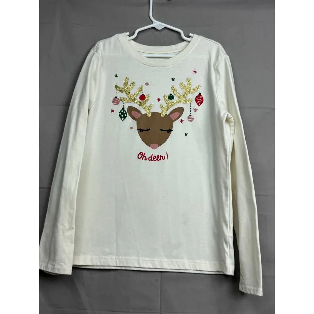 Holiday Time Girls Cream Oh Deer Long Sleeve Shirt, Size L (10/12)